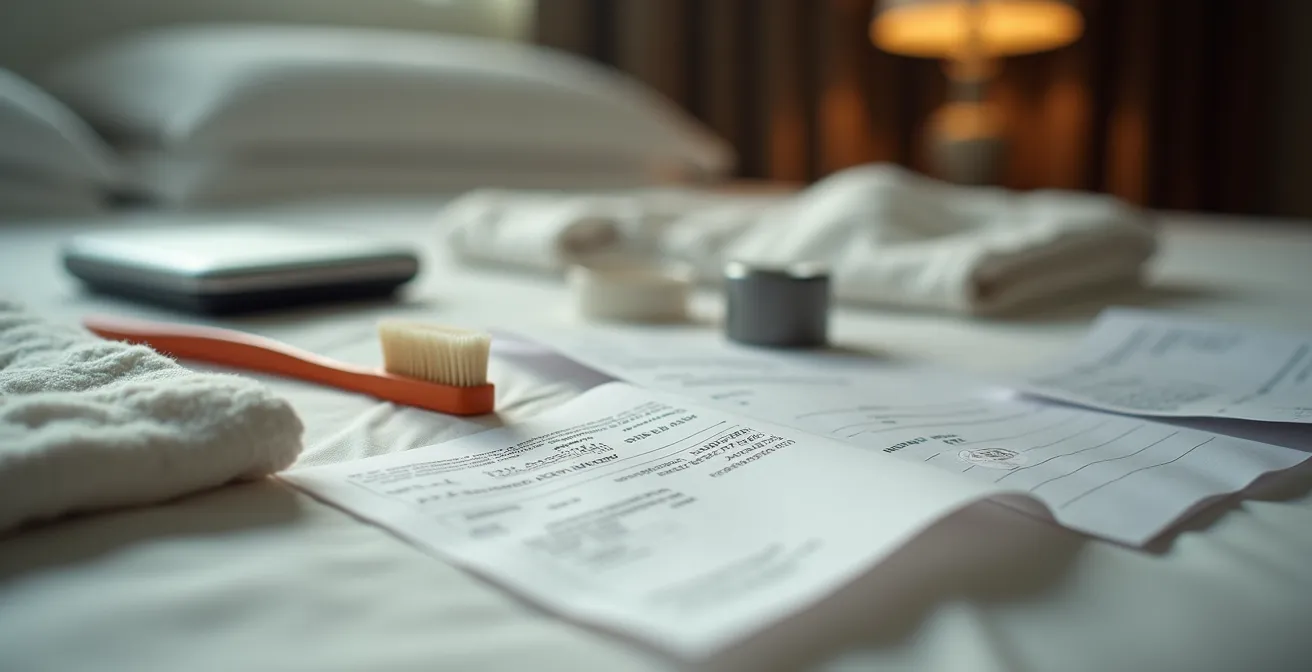 Tickets de caisse et articles de première nécessité posés sur un lit d'hôtel