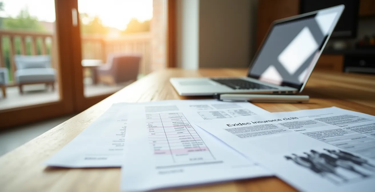 Table de travail avec relevés bancaires, photos imprimées et ordinateur portable montrant des emails
