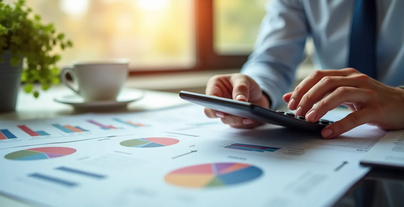 Calculatrice et graphiques financiers sur une table de travail