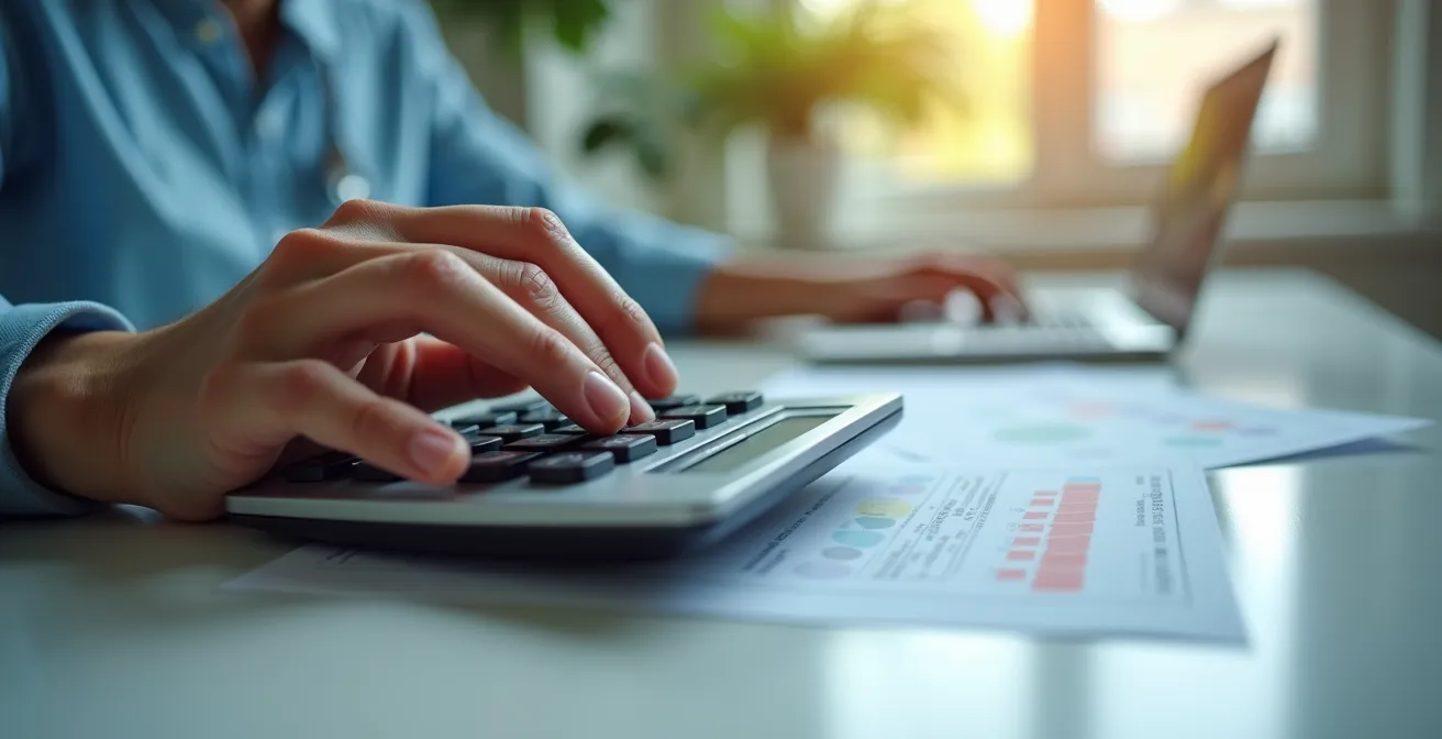 Main tenant une calculatrice avec documents hospitaliers flous en arrière-plan