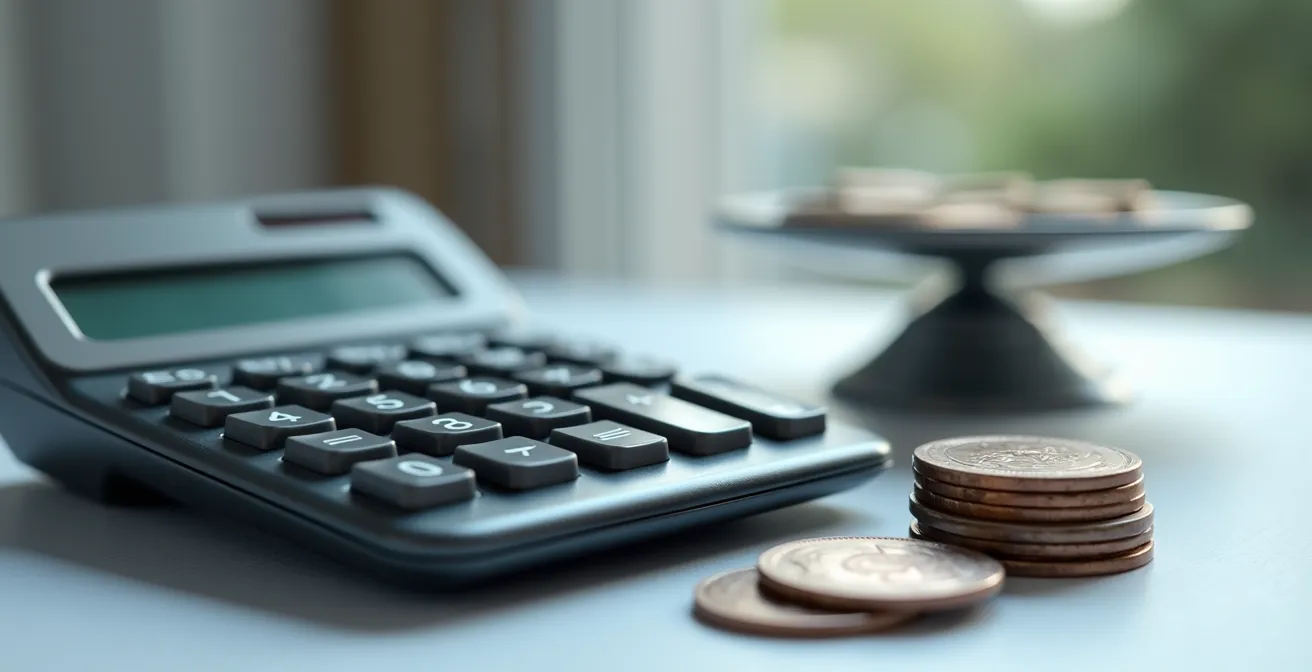 Calculatrice professionnelle avec balance symbolisant l'équilibre entre coût de l'assurance et frais de procédure