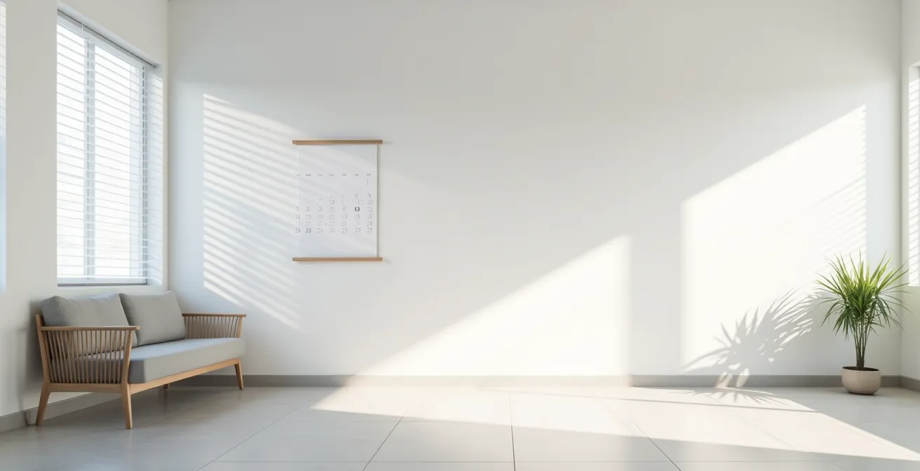 Vue large d'un espace médical moderne avec un calendrier mural, symbolisant la planification stratégique des soins dentaires.