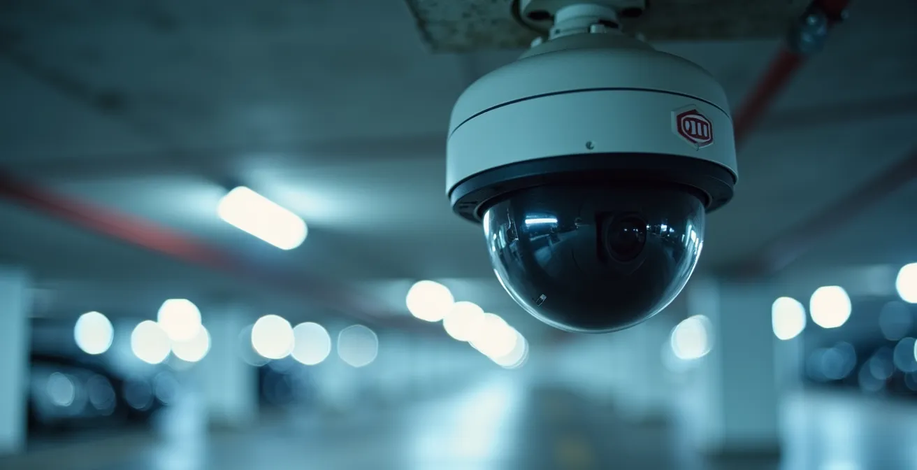 Caméra de surveillance moderne dans un parking souterrain éclairé
