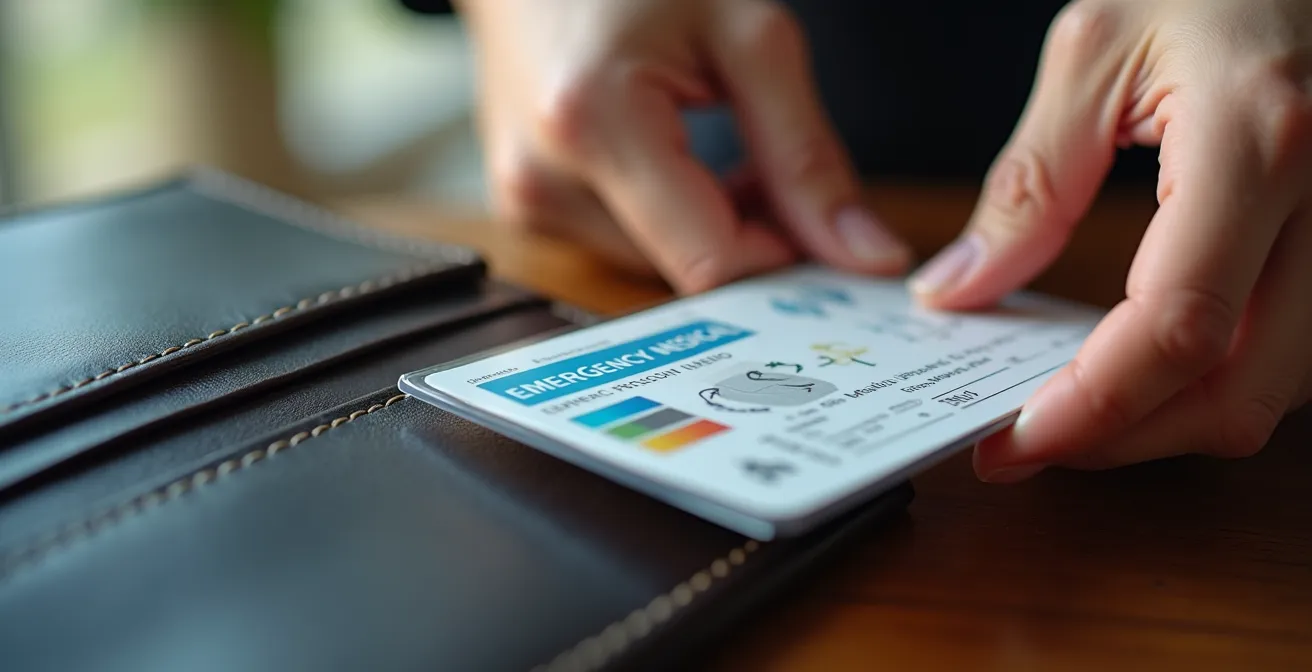 Main tenant une carte d'urgence médicale plastifiée près d'un portefeuille ouvert