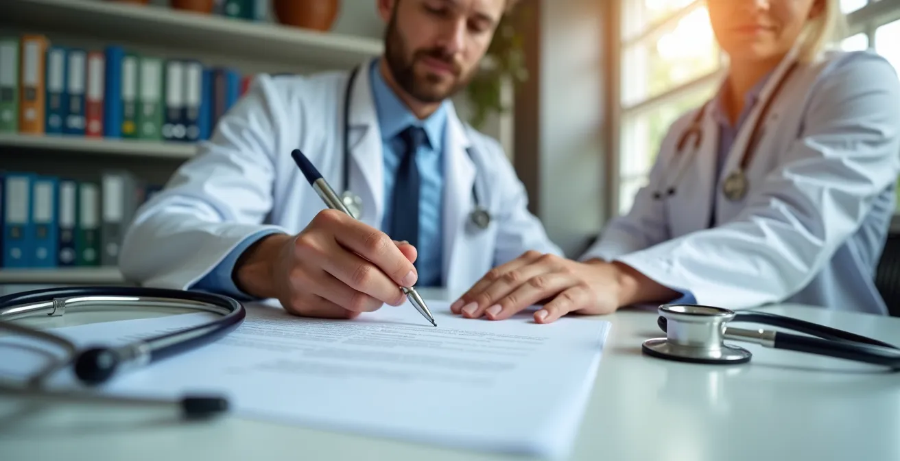 Médecin remplissant un certificat médical dans son cabinet avec stéthoscope et dossier patient