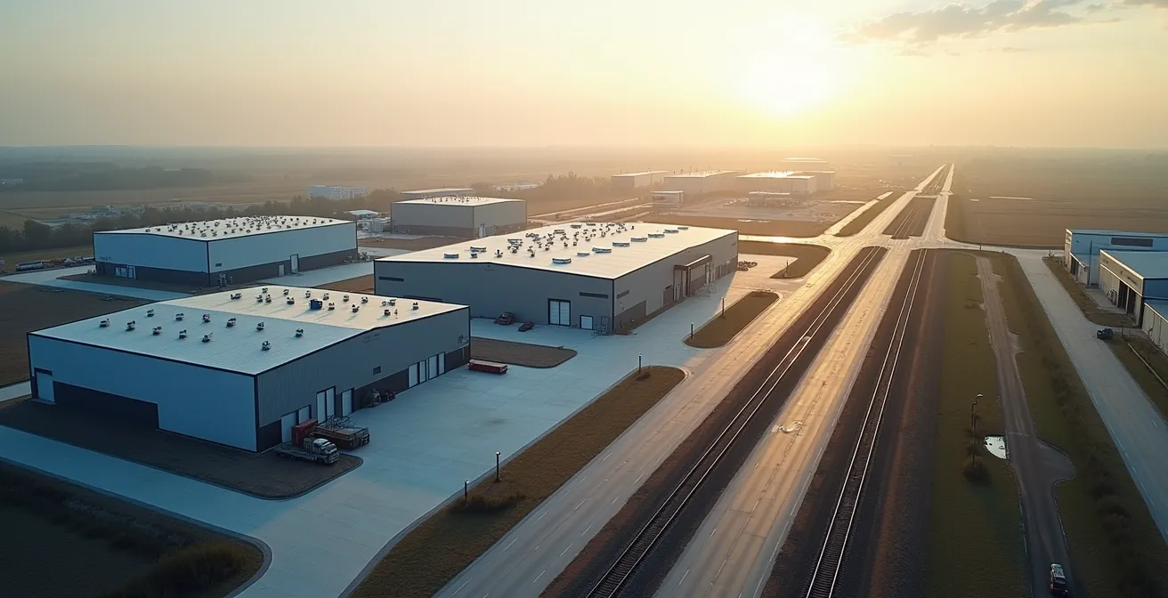 Vue aérienne d'un site industriel avec entrepôts et zones de stockage montrant la complexité logistique
