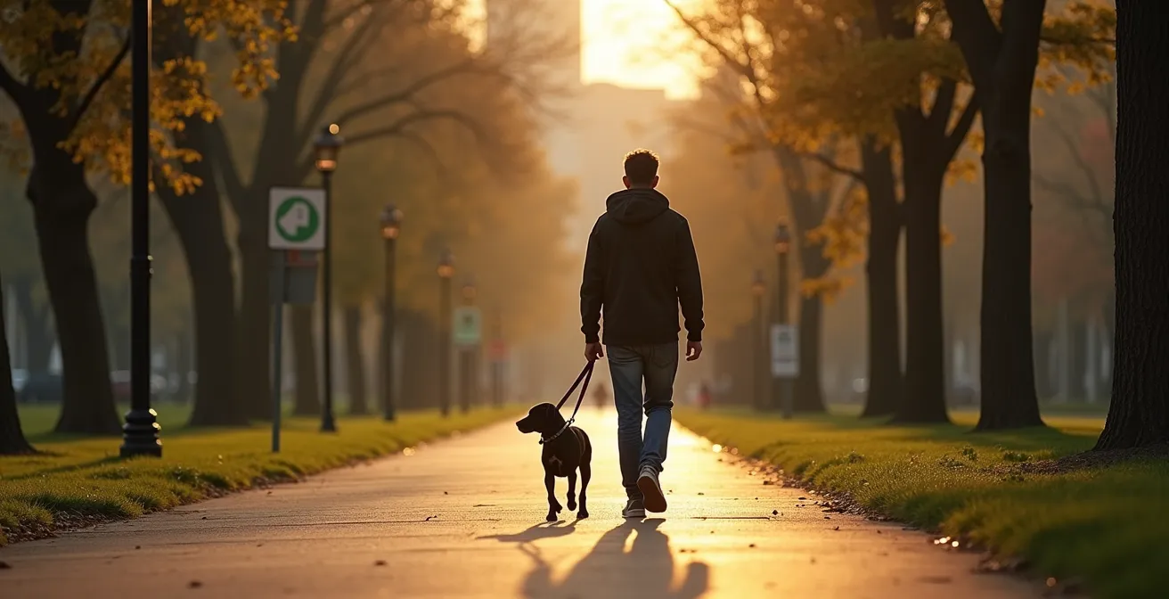 Propriétaire promenant son chien en laisse dans un parc urbain