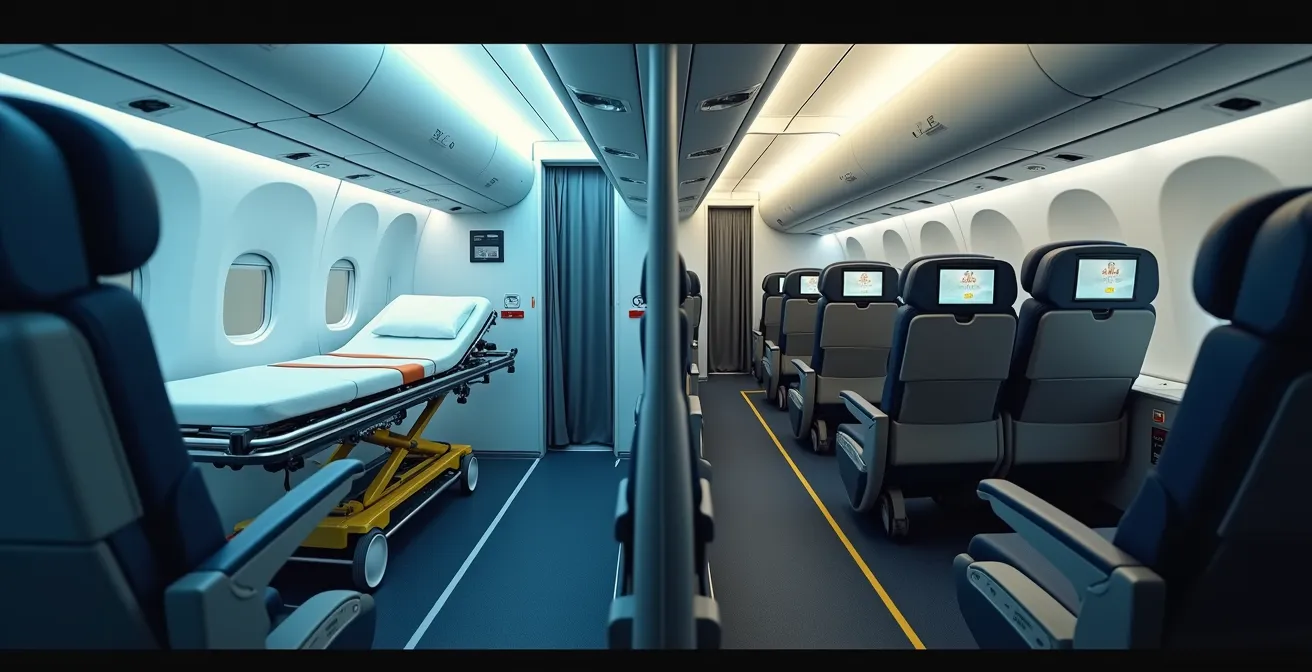 Vue comparative d'un avion sanitaire médicalisé et d'une cabine commerciale aménagée