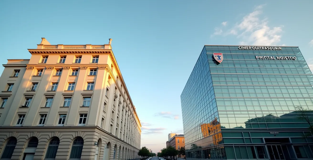 Deux bâtiments hospitaliers côte à côte, l'un moderne et l'autre traditionnel