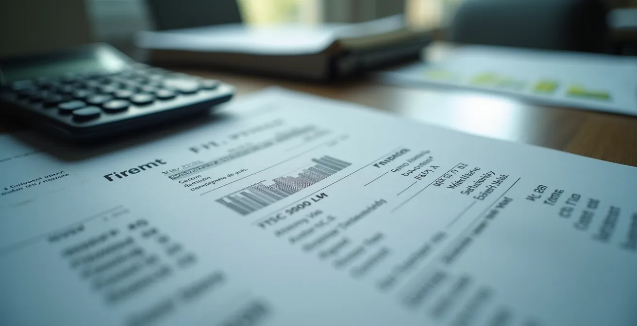 Vue macro de documents financiers médicaux avec calculatrice en arrière-plan flou