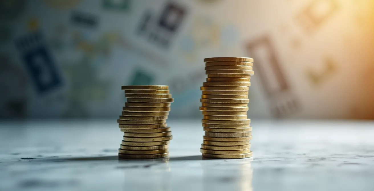 Deux colonnes de pièces de monnaie de hauteurs différentes illustrant l'impact des frais