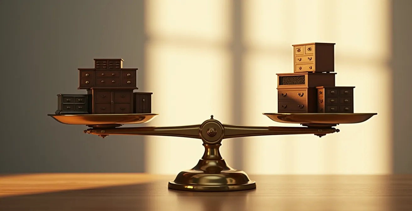 Balance symbolique montrant le déséquilibre entre valeur déclarée et valeur réelle des biens