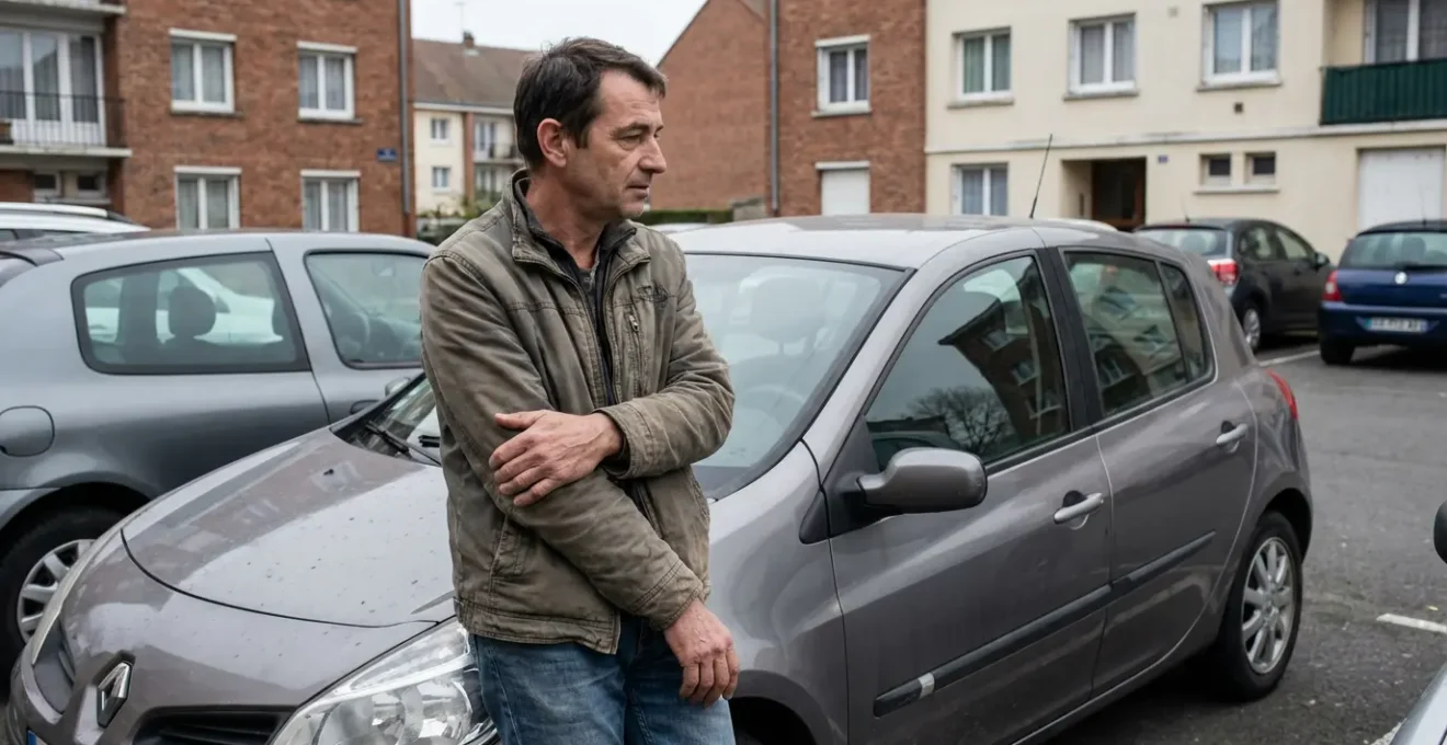 Conducteur français observant sa voiture compacte dans un parking résidentiel, assurance auto au tiers