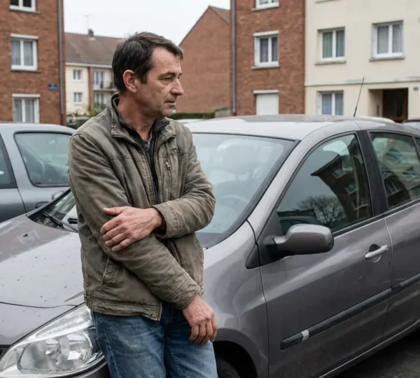 Conducteur français observant sa voiture compacte dans un parking résidentiel, assurance auto au tiers