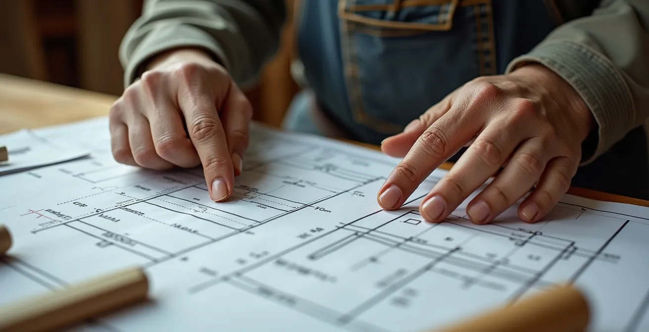Gros plan sur des mains comparant documents de chantier avec mise en évidence des détails techniques