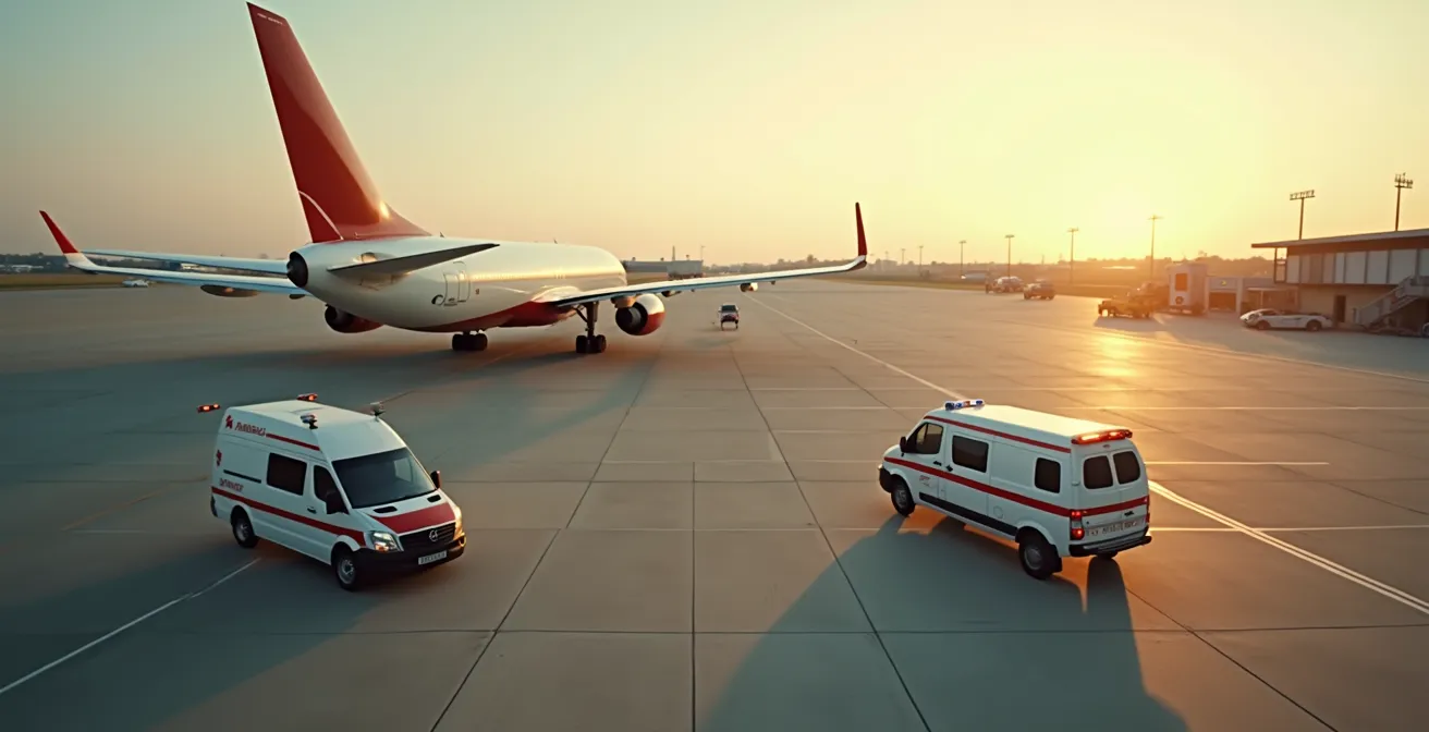 Vue aérienne d'un tarmac d'aéroport avec une ambulance et un ambulift près d'un avion