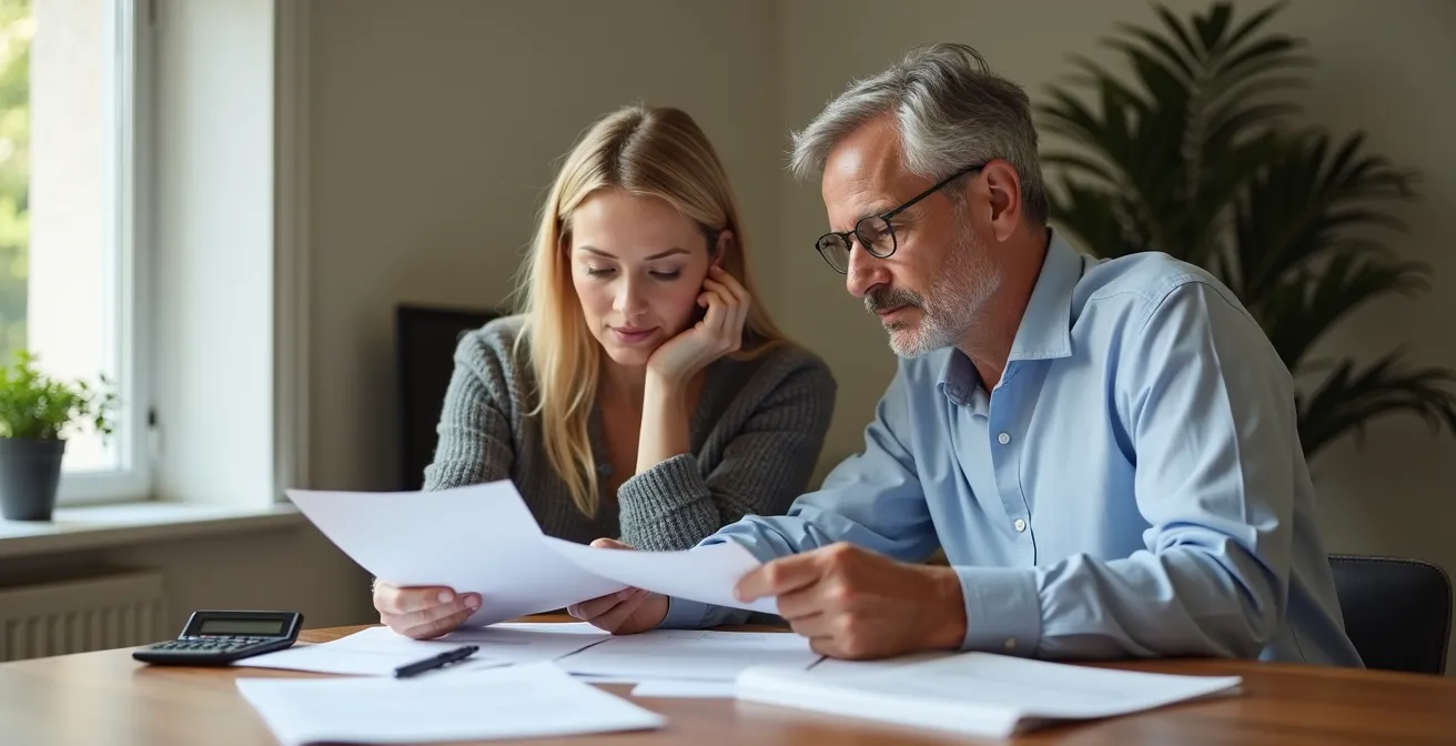 Couple en discussion avec conseiller financier autour d'une table avec documents d'assurance vie