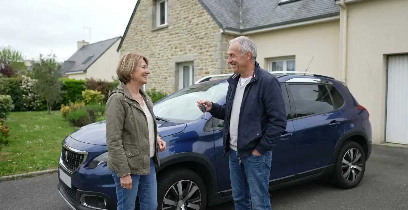 Couple senior français discutant près de leur véhicule dans une allée résidentielle