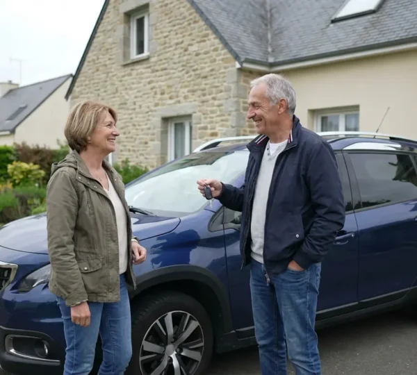 Couple senior français discutant près de leur véhicule dans une allée résidentielle
