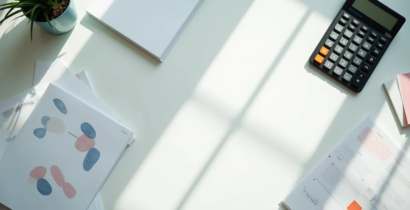 Vue aérienne minimaliste d'un bureau avec calculatrice et documents