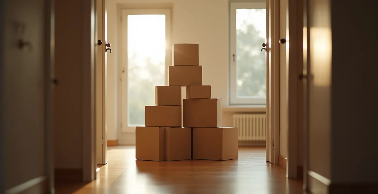 Cartons de déménagement empilés entre deux portes d'appartement représentant la transition
