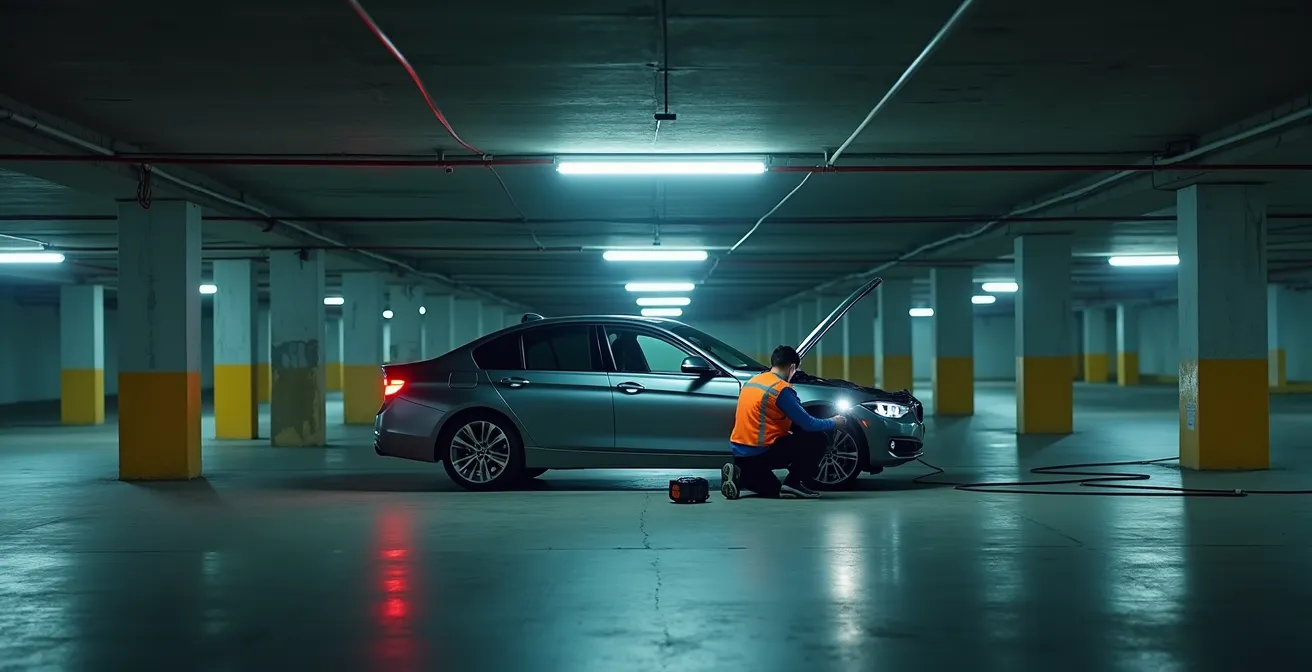 Dépanneur professionnel avec booster de batterie dans un parking souterrain éclairé