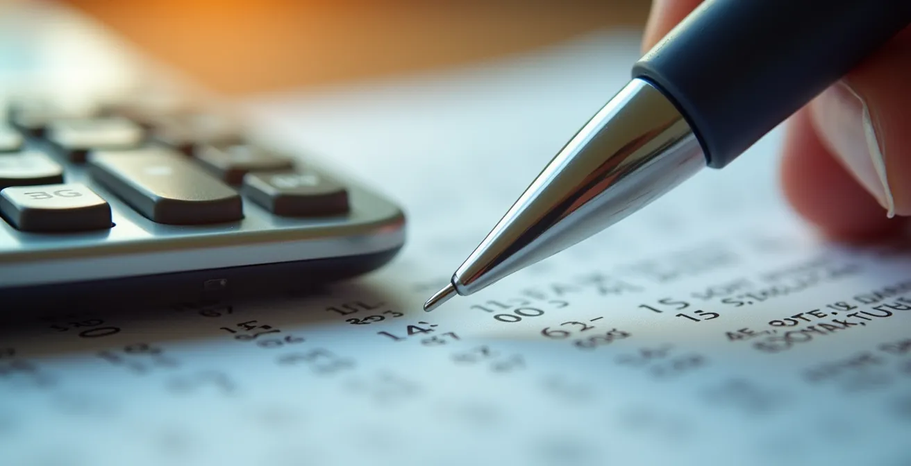 Gros plan sur des documents médicaux avec stylo et calculatrice, illustrant l'analyse d'un devis dentaire.