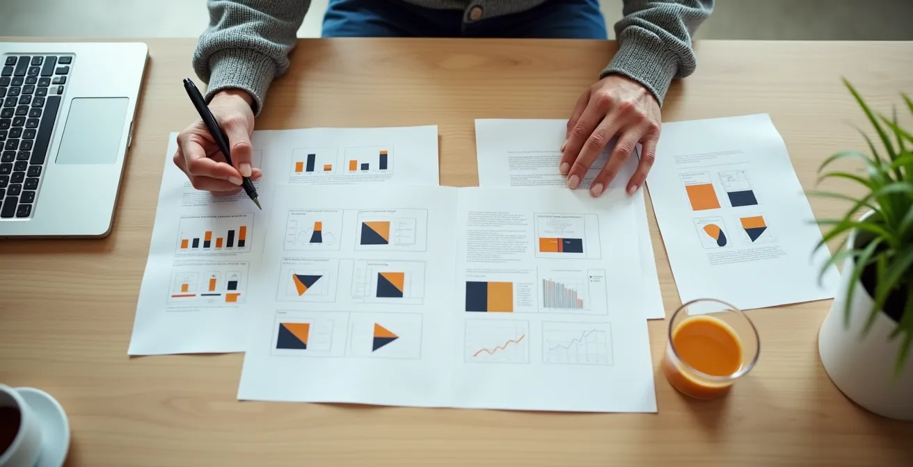 Vue aérienne d'un bureau avec documents financiers abstraits et mains de senior prenant des notes
