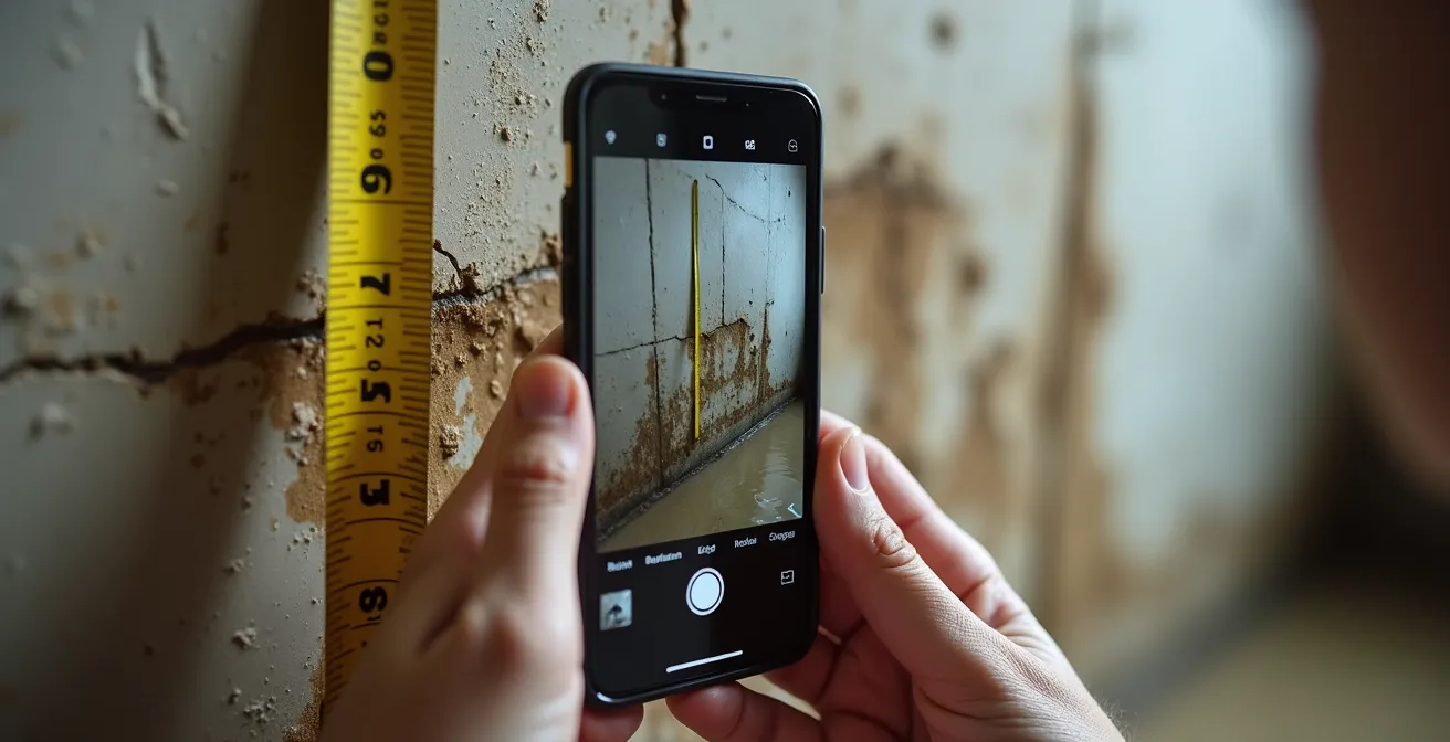 Documentation des dégâts d'inondation avec un smartphone pour créer des preuves