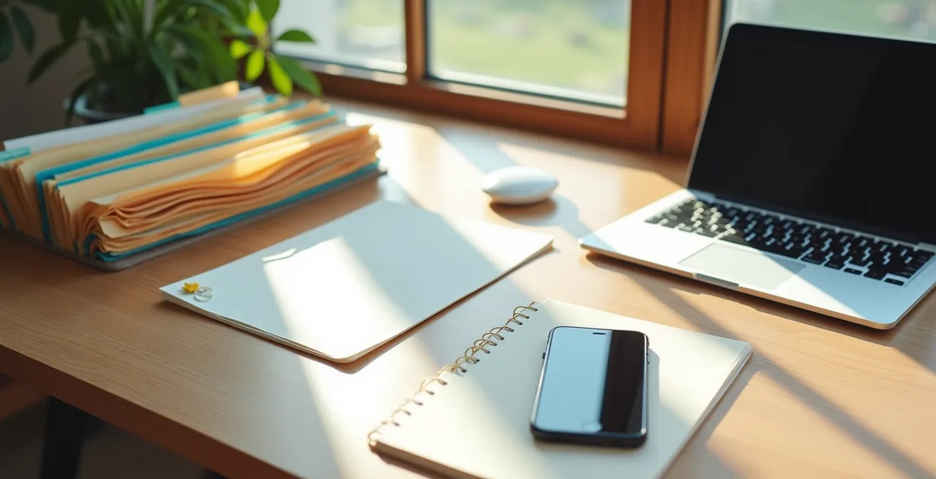 Documents administratifs organisés dans un classeur ouvert sur un bureau