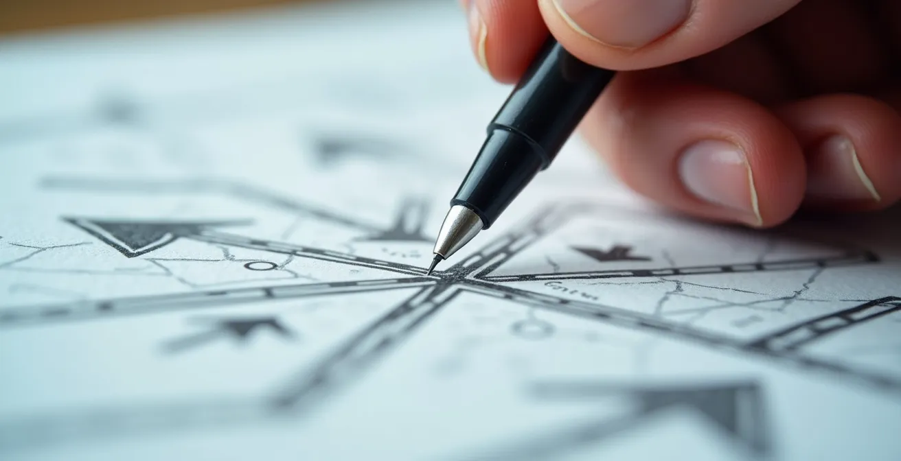 Vue macro d'une main tenant un stylo au-dessus d'un document avec des formes géométriques abstraites