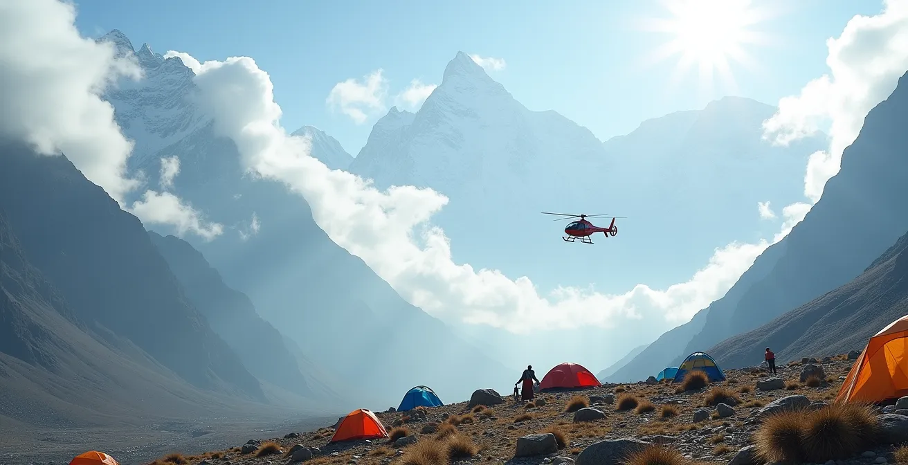 Hélicoptère de secours en approche d'un camp de base en haute montagne au Népal
