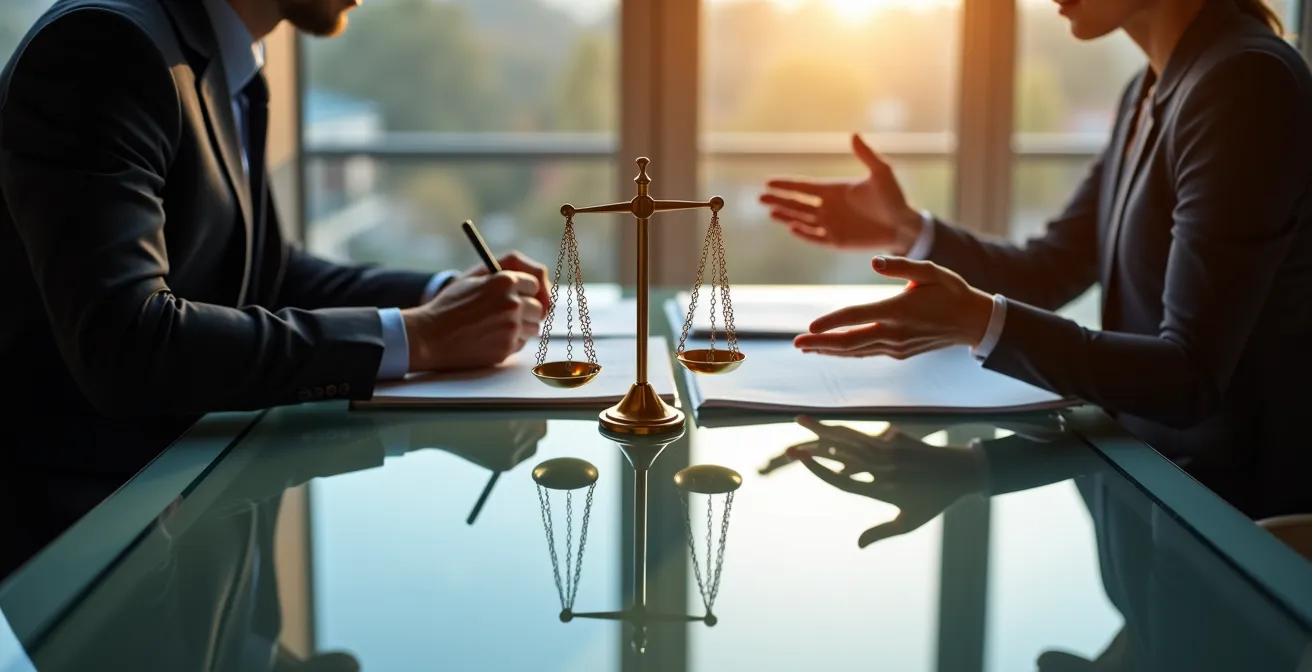 Rencontre entre un expert d'assurance et un sinistré dans un cadre formel