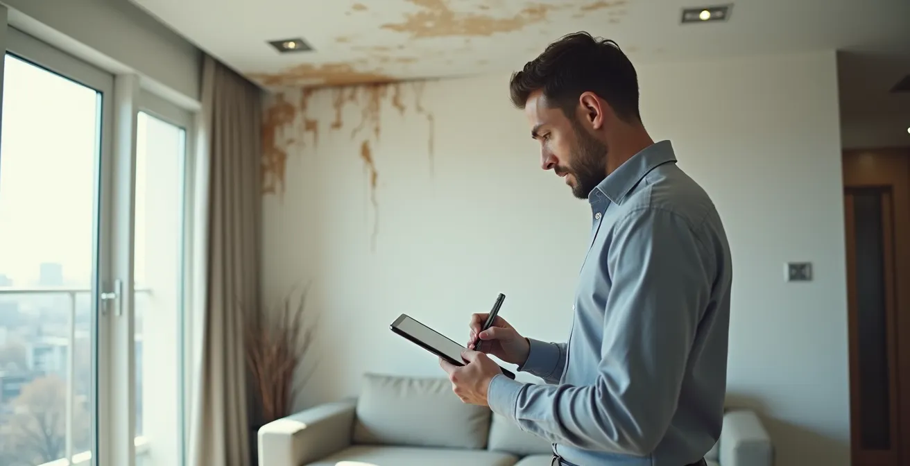 Expert d'assurance évaluant les dégâts dans un appartement après un dégât des eaux