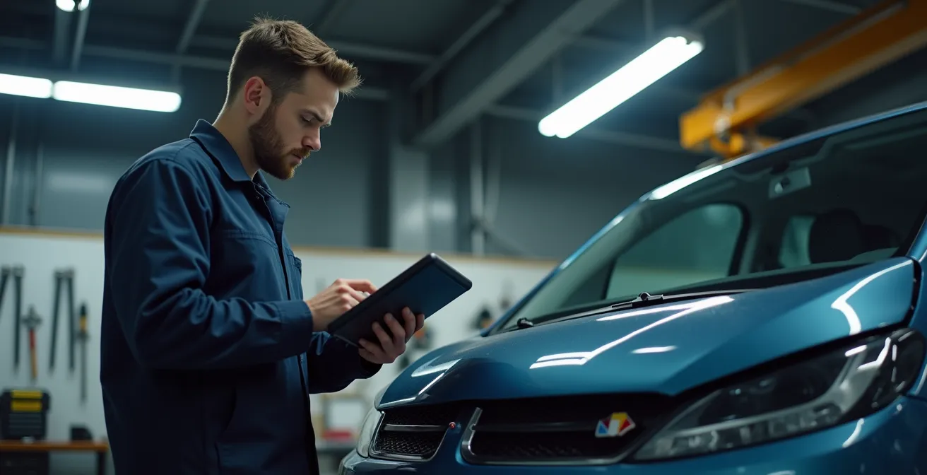 Expert automobile examinant un véhicule accidenté avec tablette numérique