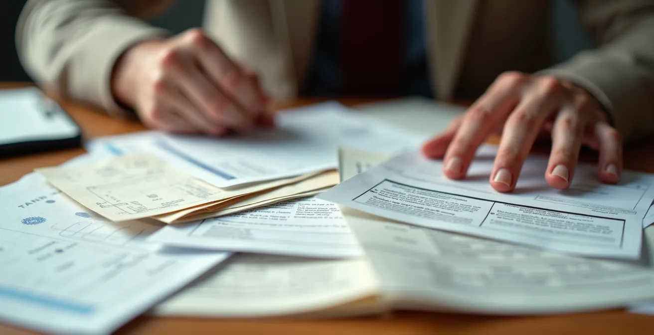 Expert-comptable examinant des documents bancaires et fiscaux pour reconstituer un chiffre d'affaires