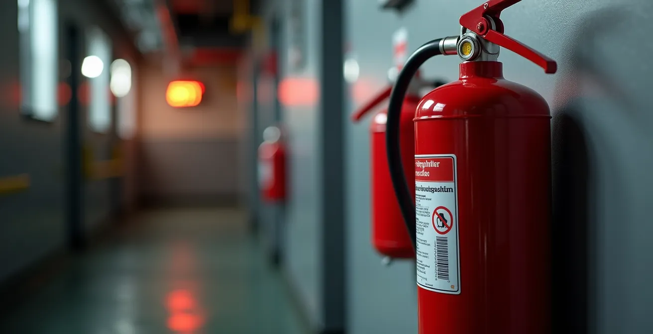 Extincteur professionnel avec étiquette de contrôle dans un couloir d'entreprise