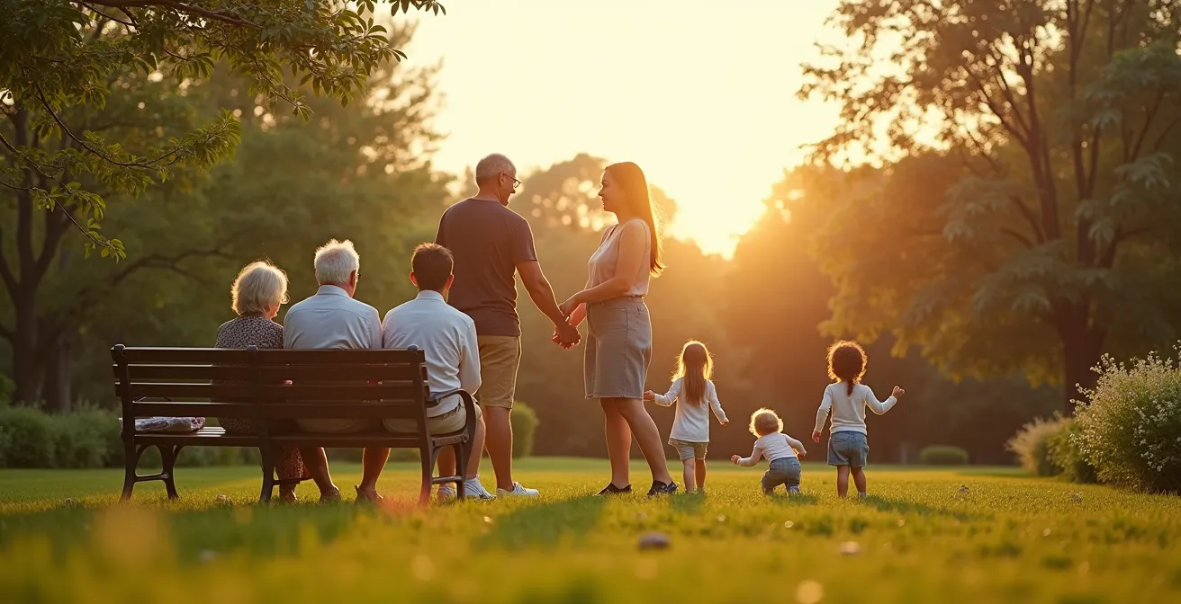 Famille multigénérationnelle réunie dans un jardin ensoleillé