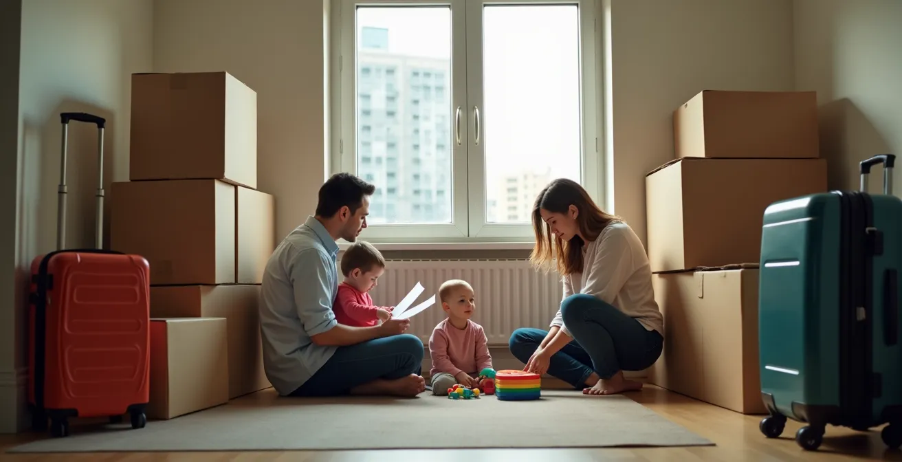 Famille dans un logement temporaire entourée de cartons de déménagement, ambiance de transition