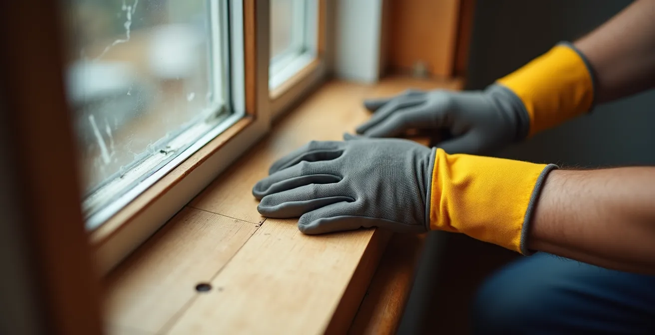 Installation d'un panneau de bois temporaire sur une fenêtre brisée pour sécurisation d'urgence
