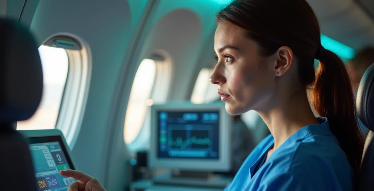 Infirmier surveillant un patient durant un vol médical avec équipement de monitoring