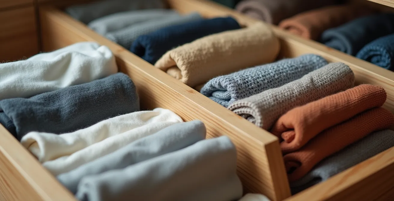 Vue macro détaillée de tiroirs ouverts montrant l'organisation méthodique des vêtements et objets personnels
