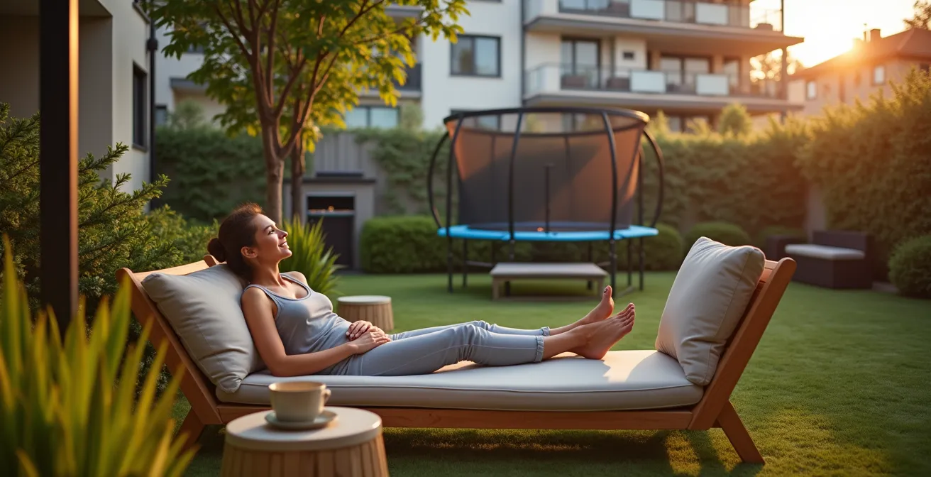 Vue d'un jardin privatif en rez-de-chaussée avec mobilier et équipements de loisirs