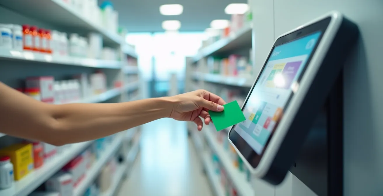 Borne de mise à jour de carte Vitale dans une pharmacie avec main insérant une carte