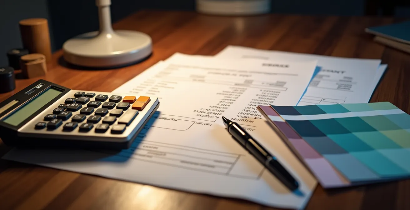 Bureau avec calculatrice, devis d'artisan et documents d'assurance pour négociation d'indemnité