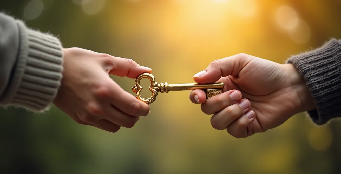 Mains échangeant symboliquement une clé dorée représentant la transmission