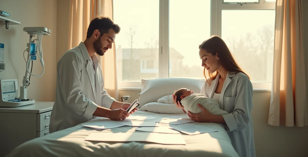 Jeunes parents avec nouveau-né préparant des documents administratifs dans une chambre de maternité lumineuse