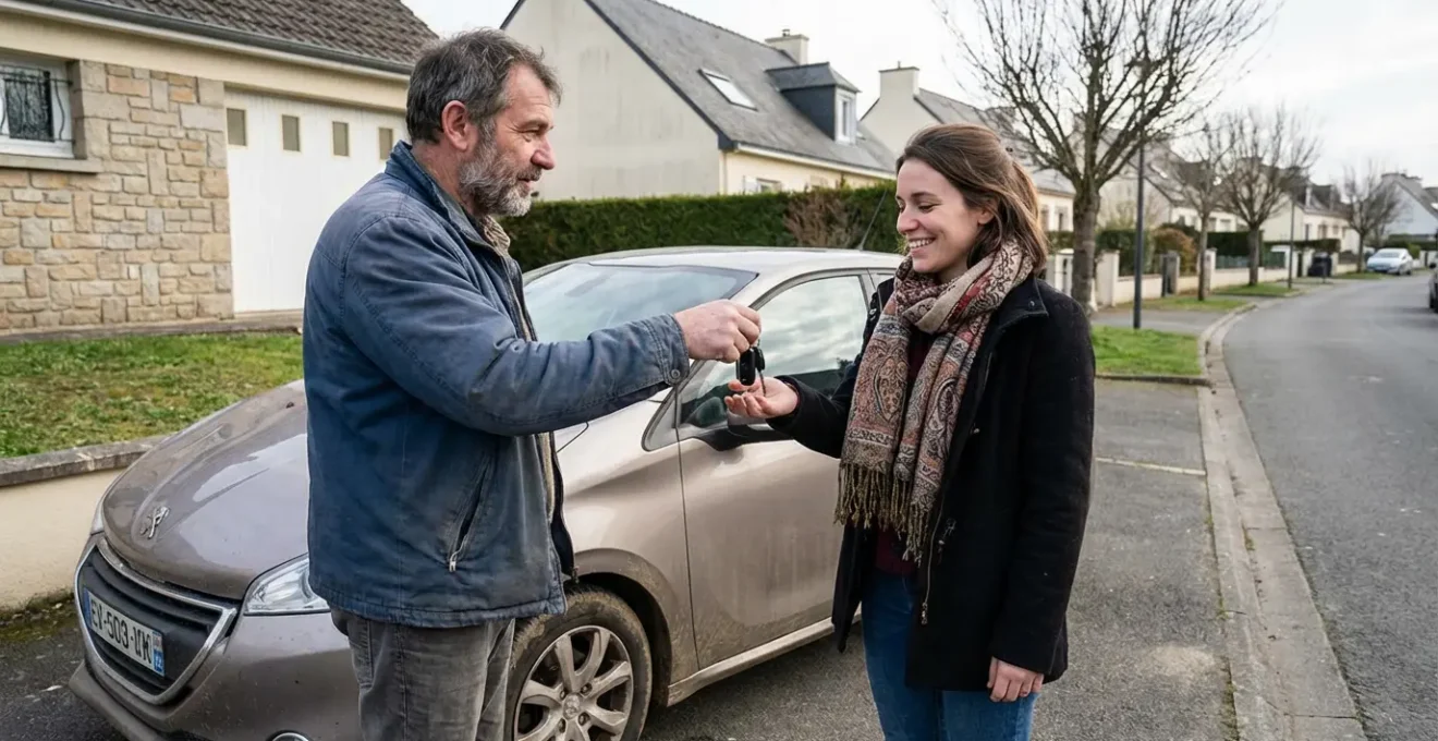 Échange de clés de voiture entre deux personnes lors d'un prêt familial