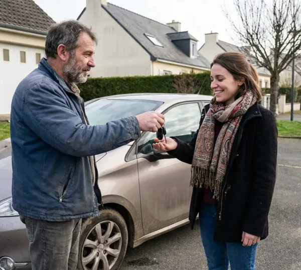 Échange de clés de voiture entre deux personnes lors d'un prêt familial