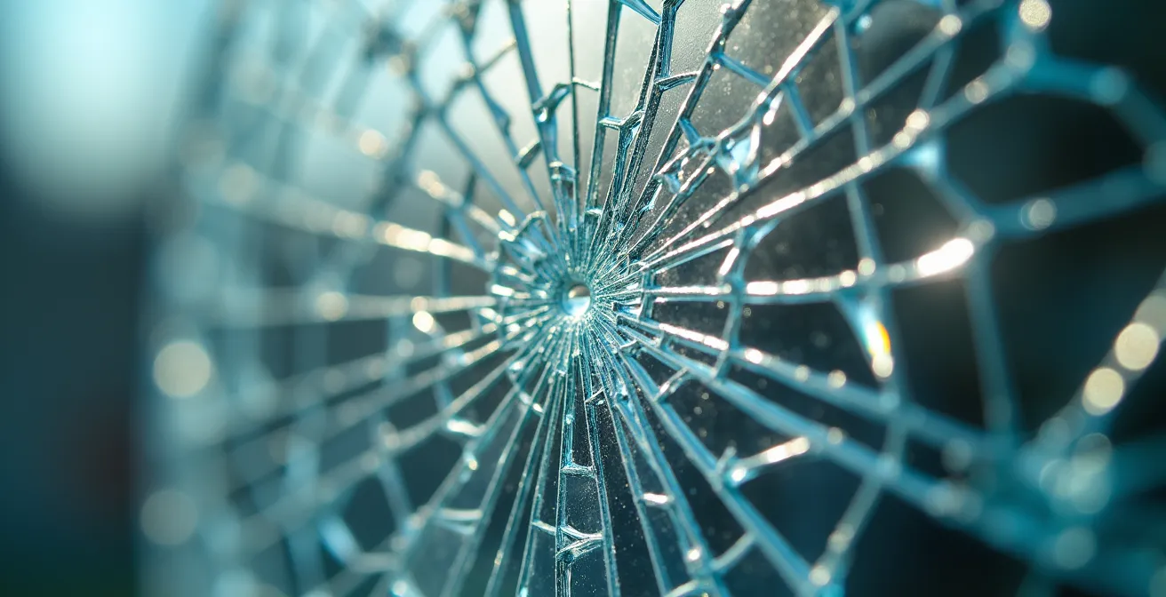Détails macro d'une surface de verre brisée montrant les motifs de fracture